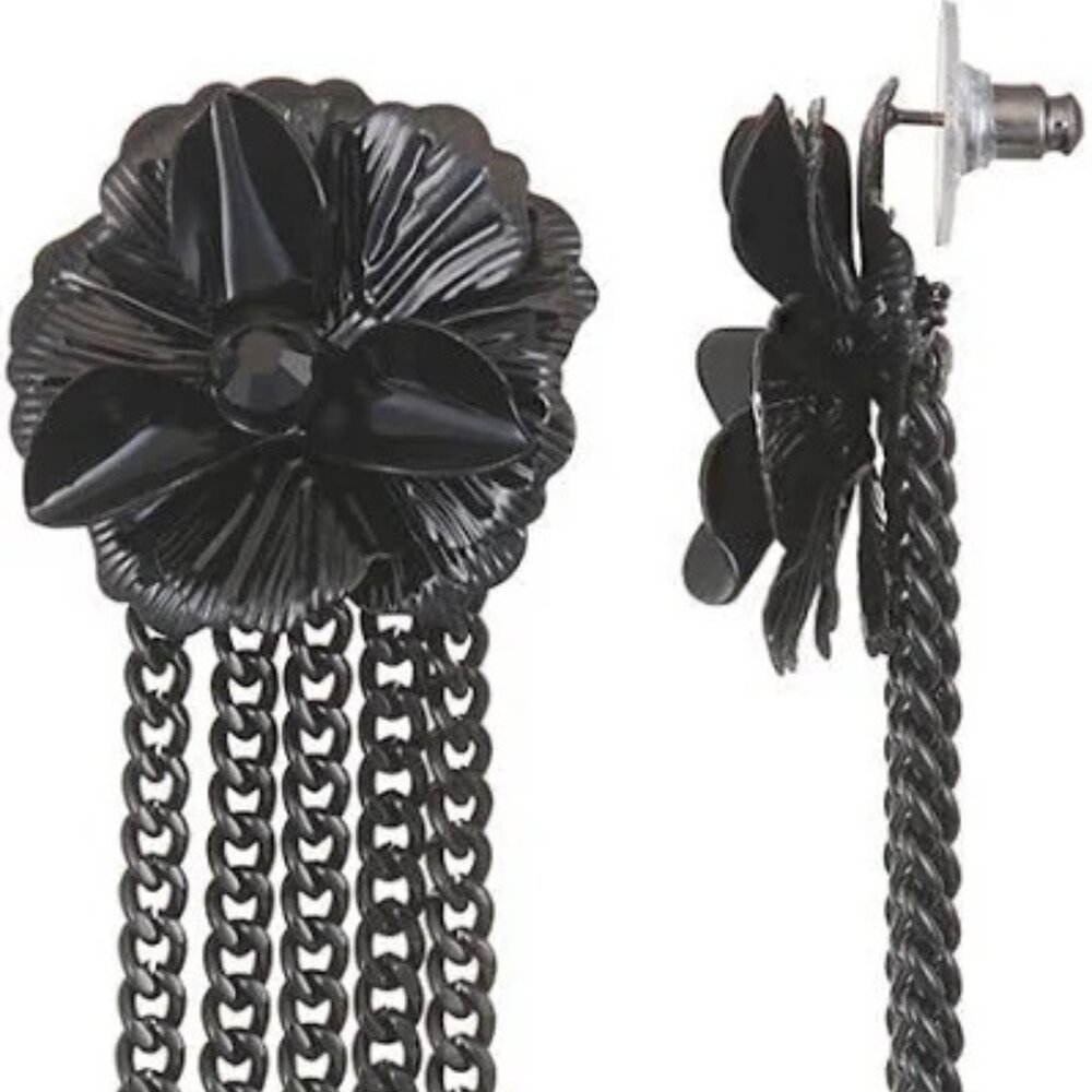 VERA WANG 2 X PAIRS Goth Black Flower/Black Crystal Gunmetal Chain Drop Earrings - Picture 3 of 5
